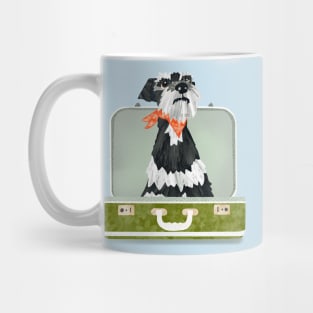 Miniature Schnauzer Dog sitting in an empty vintage  suitcase Mug